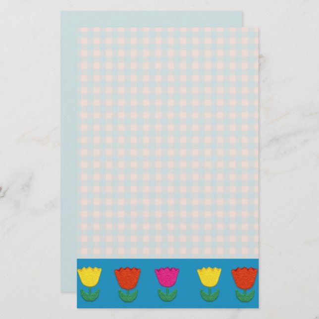Felt look Tulips och Gingham Checks Land Stil Brevpapper (Fram/baksida)