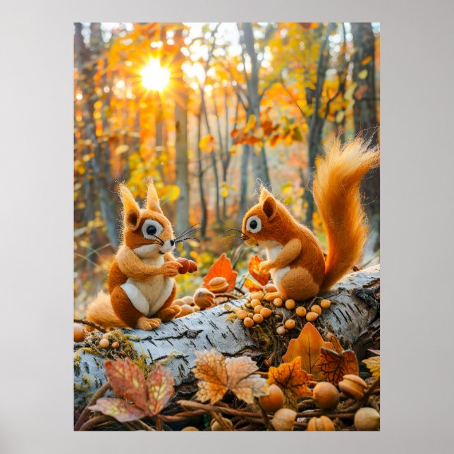 Felt Squirrels Samlar in Acorns på Forest Golv Poster (Framsidan)
