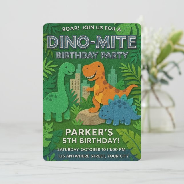 Felt Struktur Jurassic Playground Dinosaur Birthda Inbjudningar (Stående Fram)