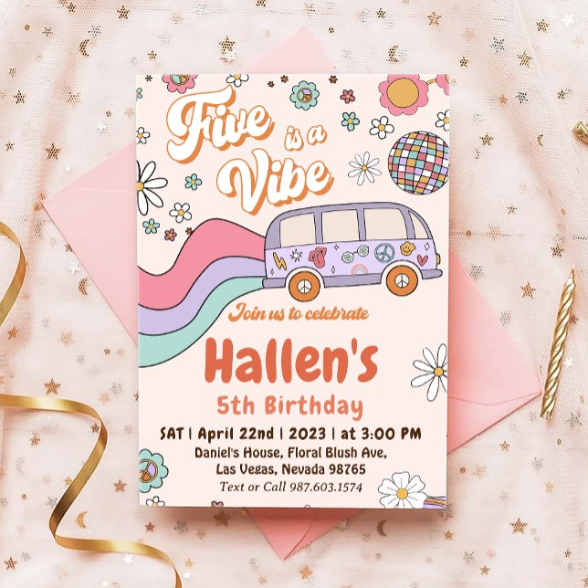 Fem a Vibe Groovy Retro Rainbow 5:e födelsedagen Inbjudningar (Skapare uppladdad)