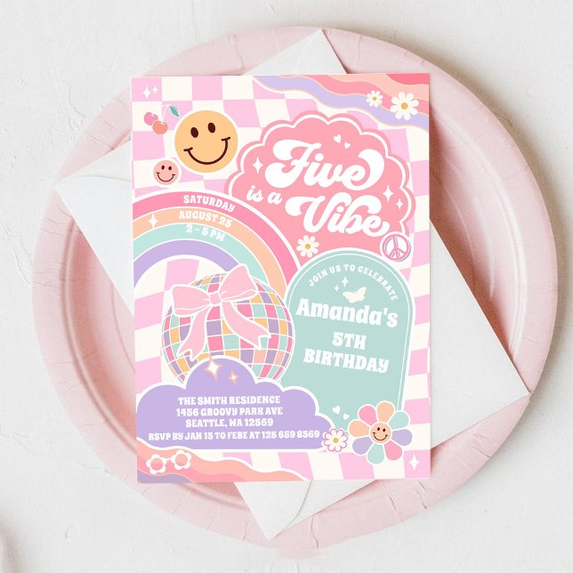 Fem Är En Känsla Disco Regnbåge 5-årsdag  Inbjudningar (Skapare uppladdad)