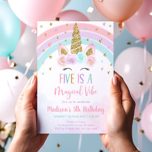 Fem är en magisk Vibe Unicorn 5:e födelsedagen Inbjudningar