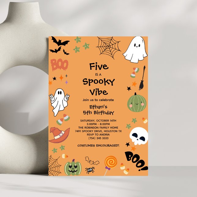 Fem är en Spooky Vibe Halloween 5:e födelsedagen Inbjudningar (Five is a Spooky Vibe Halloween 5th Birthday Invitation )