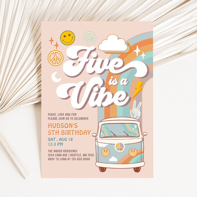 Fem är en stämning Hippie 70-tals Retro Pojke 5-år Inbjudningar (Skapare uppladdad)