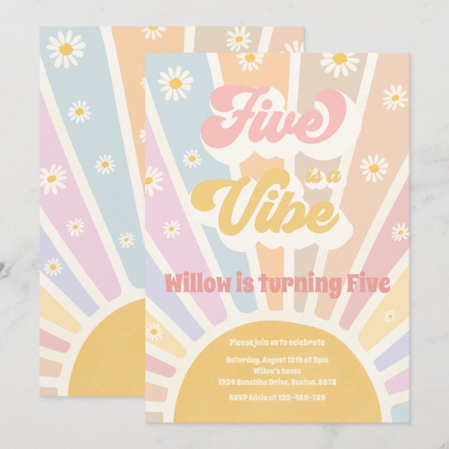 Fem är en Vibe Boho Sunshine 5:e Födelsedagsfesten Inbjudningar (Fram/baksida)