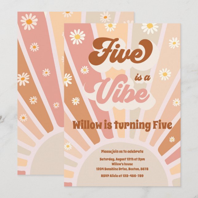 Fem är en Vibe Boho Sunshine 5:e Födelsedagsfesten Inbjudningar (Fram/baksida)