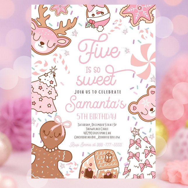 Fem är så söt Födelsedagsfest för julkakor Inbjudningar (Five Is So Sweet girl Christmas cookie birthday party with festive holiday décor, colorful cookies, )