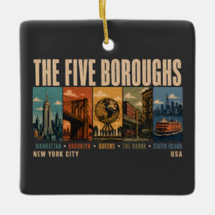 Fem Boroughs New York City NYC Illustration Retro Julgransprydnad Keramik