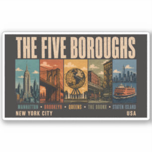 Fem Boroughs New York City NYC Illustration Retro Klistermärken