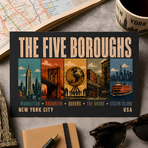 Fem Boroughs New York City NYC Illustration Retro Vykort