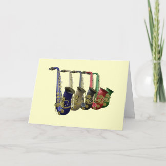 Fem färgfulla saxofonyllkort kort