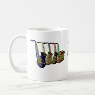 Fem färgrika saxofoner mugg, exponeringsglas eller kaffemugg