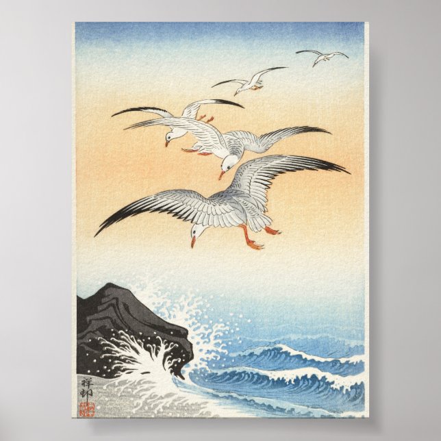 Fem Fiskmås över Turbulenta havet av Ohara Koson Poster (Framsidan)