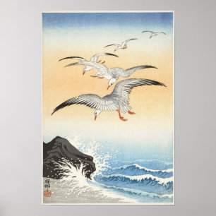 Fem Fiskmås över Turbulenta havet av Ohara Koson Poster