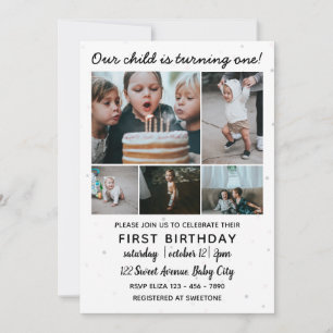 Fem foto Collage Barns första födelsedag Inbjudningar