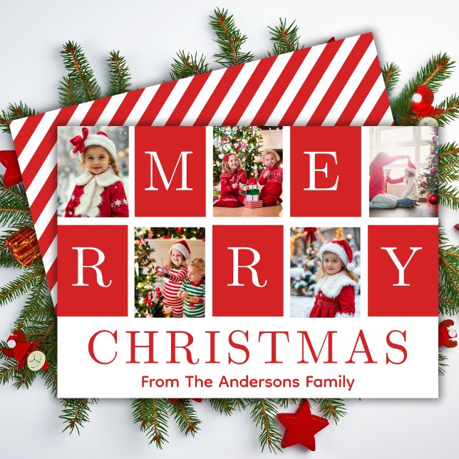 Fem fotokollage Red & White God jul Julkort (Five Photo Collage Red & White Merry Christmas Holiday Card)