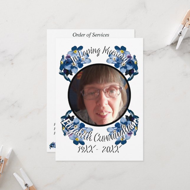 Fem foton Glöm mig inte Minnet Blommigt Inbjudningar (Fram/Back In Situ)