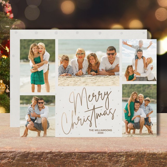Fem foton i guld God jul Julkort (Gold faux foil Merry Christmas five photos flat holiday cards with your greeting on the back)
