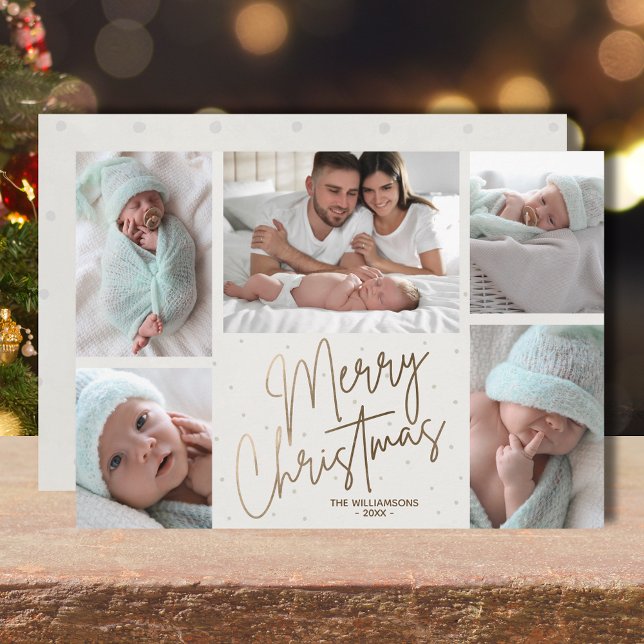 Fem foton i guld God jul Julkort (Gold faux foil Merry Christmas five photos flat holiday cards with your greeting on the back)