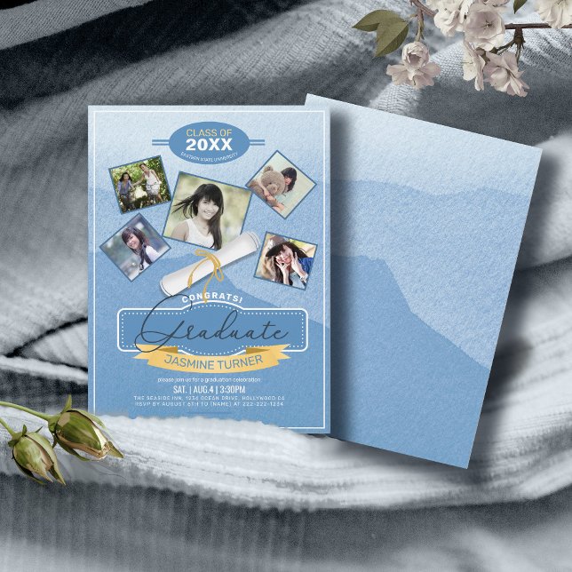 Fem foton på Watercolor Student Blue ID892 Inbjudningar (Skapare uppladdad)