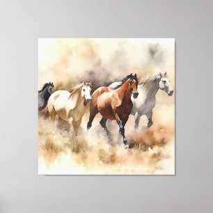 ’Fem Galloping Mustangs’ Dusty Western Watercolou Canvastryck