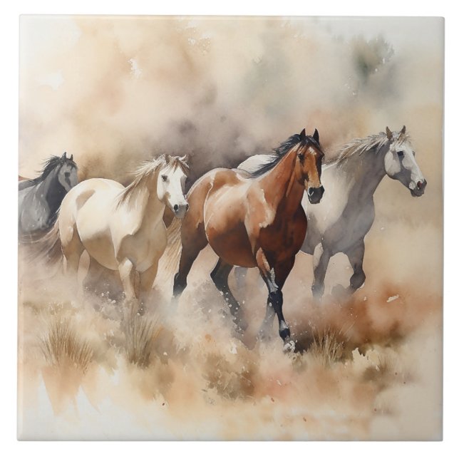 ’Fem Galloping Mustangs’ Dusty Western Watercolou Kakelplatta (Framsidan)