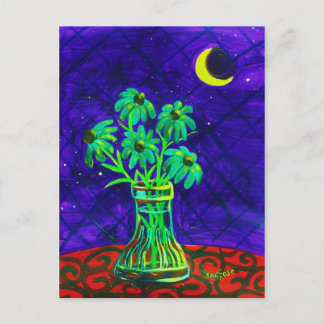 Fem glada gröna blommor vykort