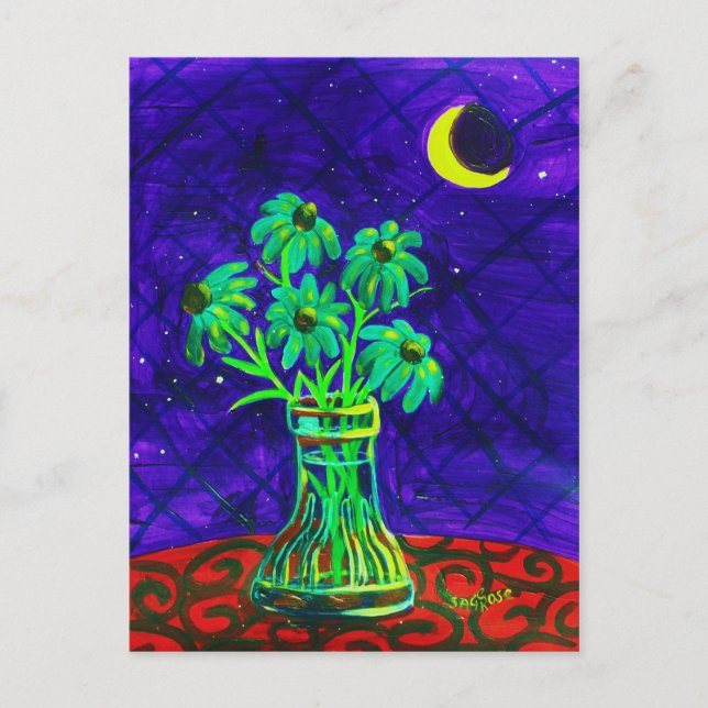 Fem glada gröna blommor vykort (Framsida)