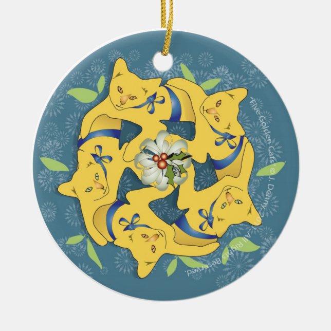 Fem guld- katter… julgransprydnad keramik (Framsidan)