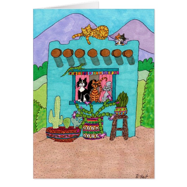 Fem katter i ett Aqua Adobe House Hälsningskort (Framsidan)