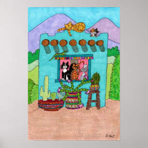 Fem katter i ett Aqua Adobe House Poster