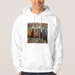 Fem katter på en trädgren i glasmålningstil hoodie