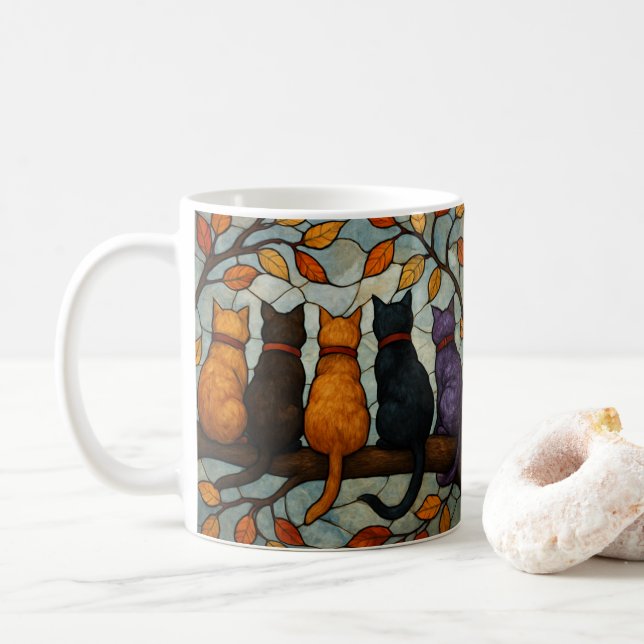 Fem katter på en trädgren i glasmålningstil kaffemugg (Med munk)