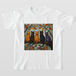 Fem katter på en trädgren i glasmålningstil t shirt