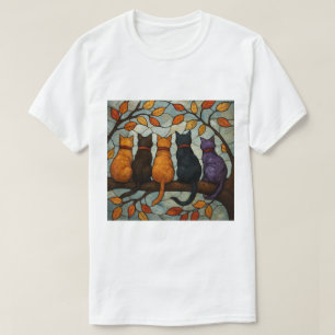 Fem katter på en trädgren i glasmålningstil t shirt