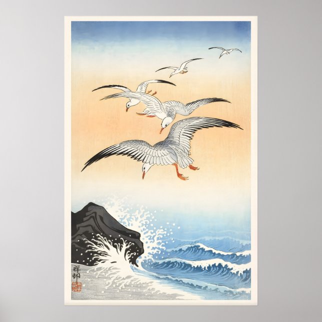 Fem måsar ovanför turbulent hav Japansk fint Poster (Framsidan)