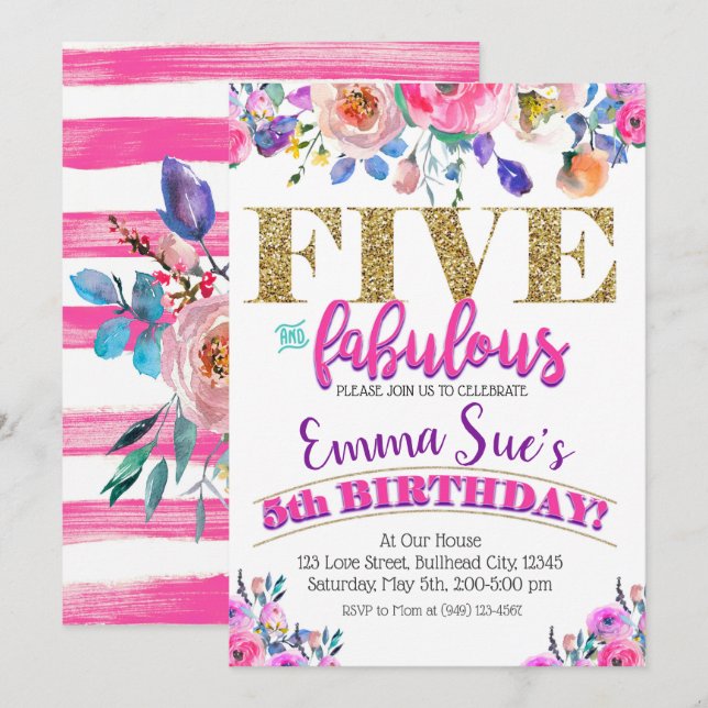 Fem och Fabulous Girls Blommigt 5:e födelsedagen Inbjudningar (Fram/baksida)