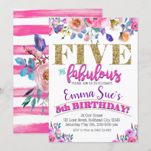 Fem och Fabulous Girls Blommigt 5:e födelsedagen Inbjudningar