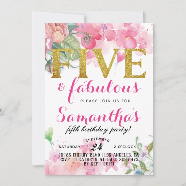 Fem och uppmjukande flickornas födelsedag inbjudningar (Framsida)