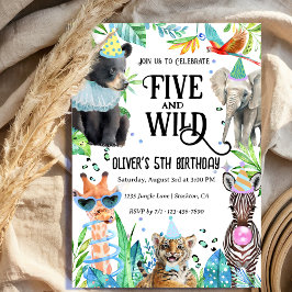 Fem och Vild Leopard Safari Animals 5:e födelsedag Inbjudningar