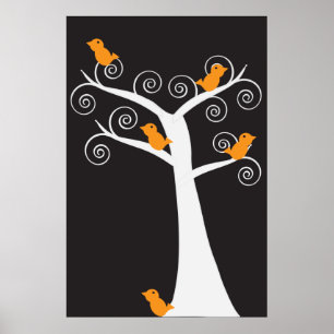 Fem Orangar Fåglar i Träd Poster