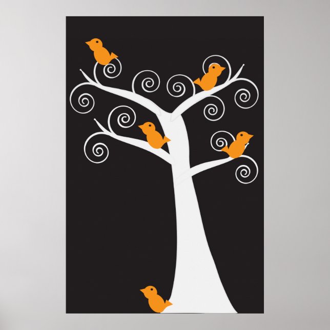 Fem Orangar Fåglar i Träd Poster (Framsidan)