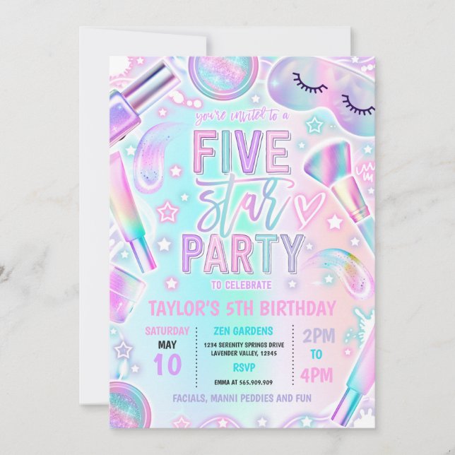 Fem stjärnor Party Pastel Spa Makeup 5:e födelseda Inbjudningar (Framsida)