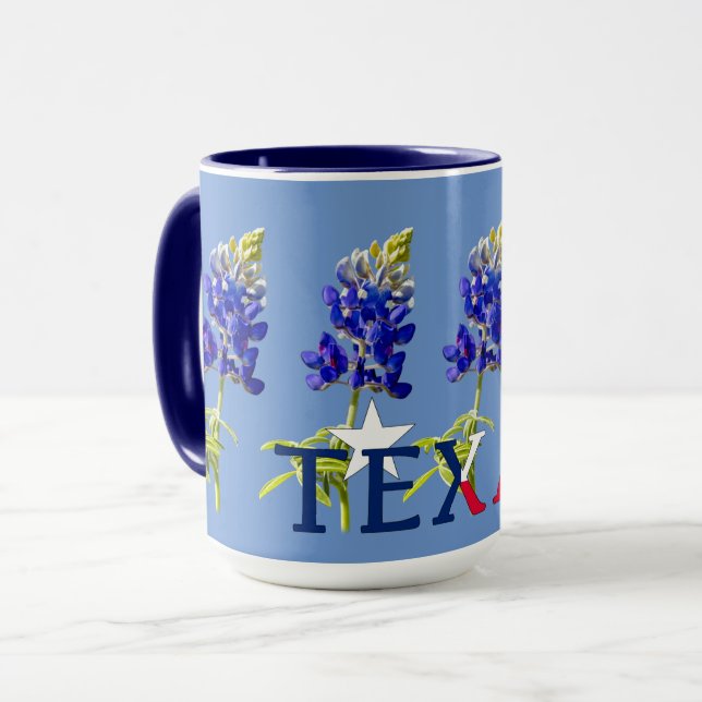 Fem Texas Bluebonnet Flowers på Blue Mugg (Framsida vänster)