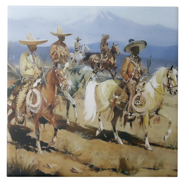 Fem vaqueros till häst av Edward Borein Kakelplatta (Framsidan)