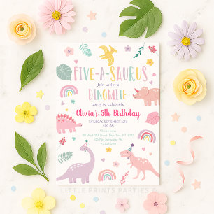 Fema saurus Rosa Pastel Dinosaur Birthday Inbjudningar