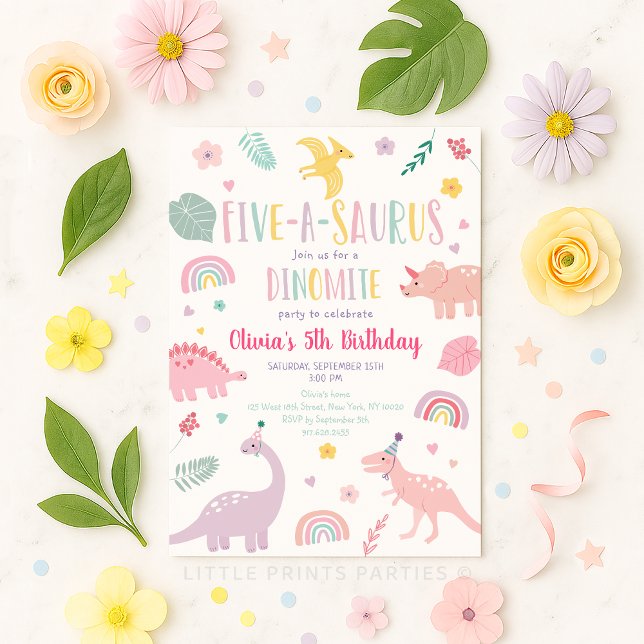 Fema saurus Rosa Pastel Dinosaur Birthday Inbjudningar (Skapare uppladdad)