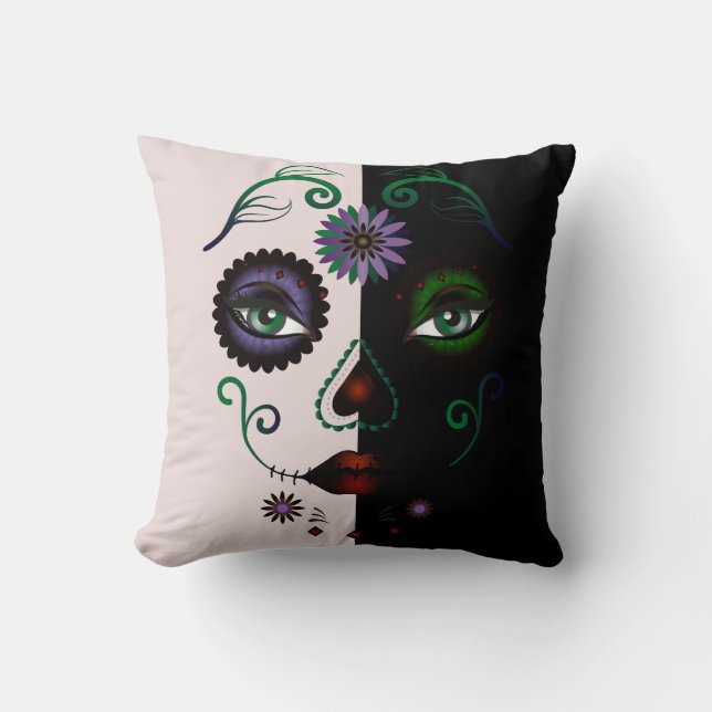 Female Ansikte Pillow - Woman Ansikte Skull Abstra Kudde (Framsida)