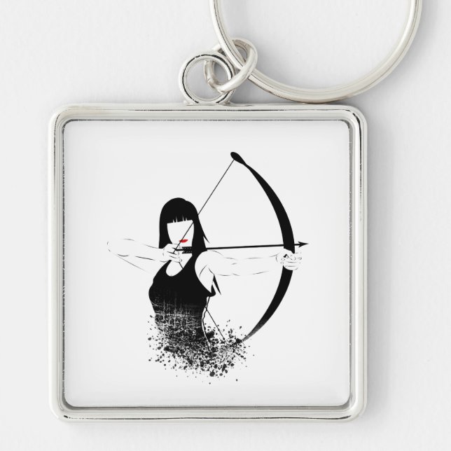 Female Archer Fyrkantig Silverfärgad Nyckelring (Framsidan)