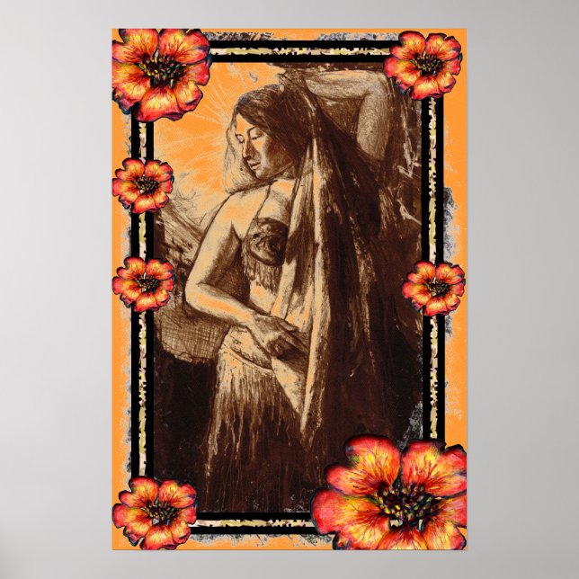Female Belly Dancer med Röda blommor Poster (Framsidan)